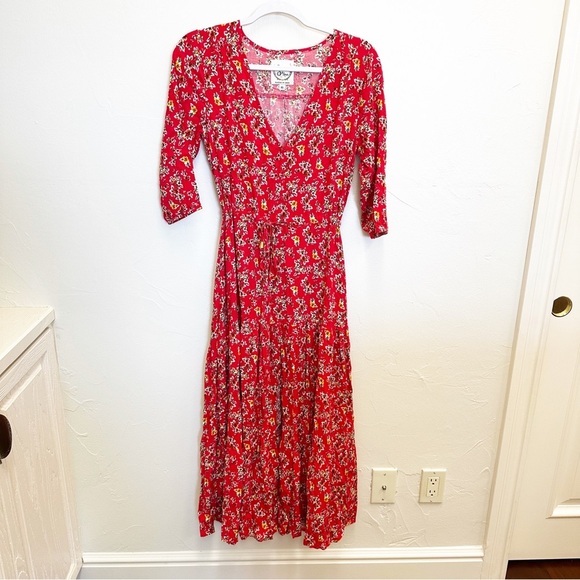 Sunday Mi Amor Women’s Red Ditzy Floral Maxi Dress Drawstring Waist Slit Front - Picture 1 of 9